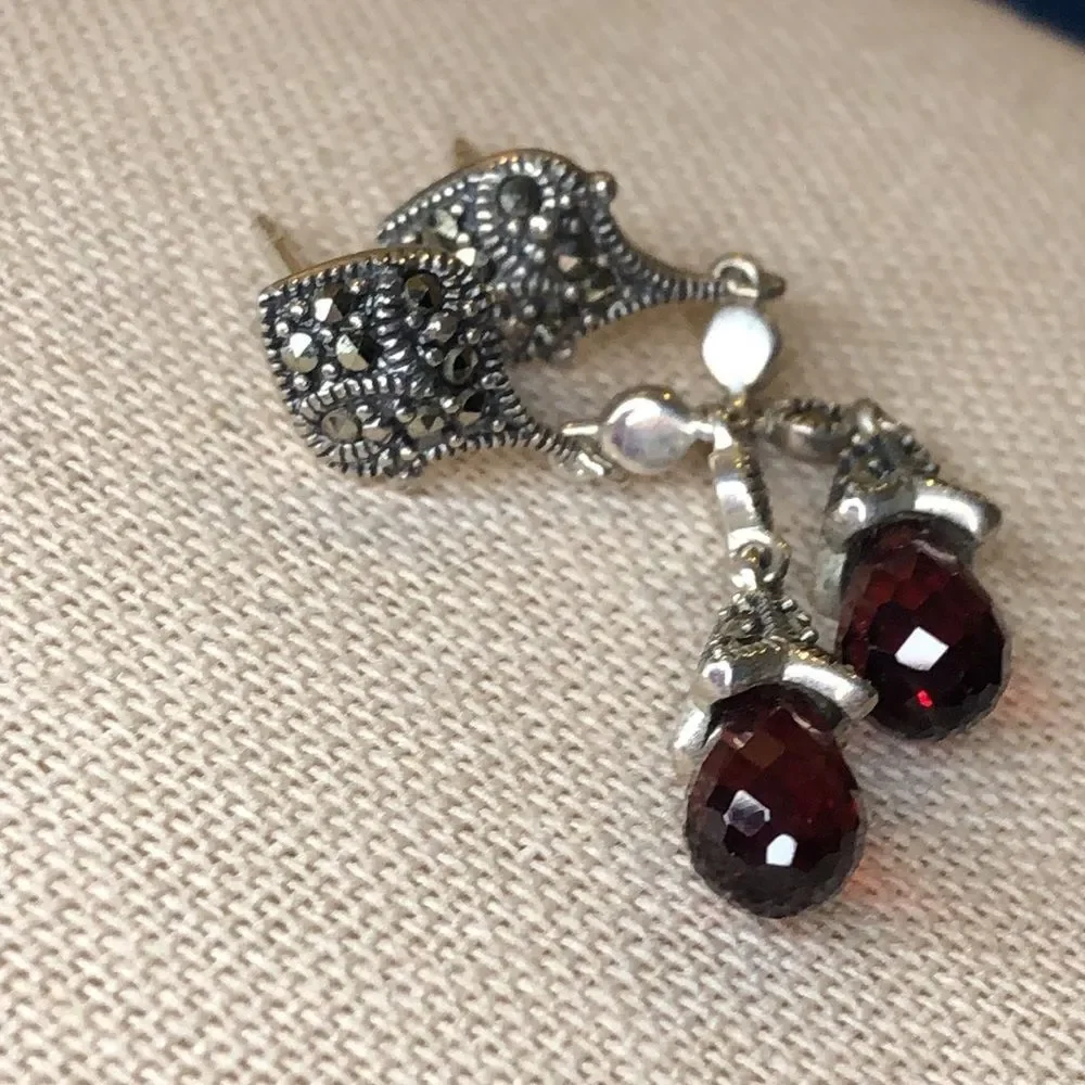 Vintage Red Garnet and Marcasite Long Drop Dangle Sterling Silver Earrings - Picture 13 of 14